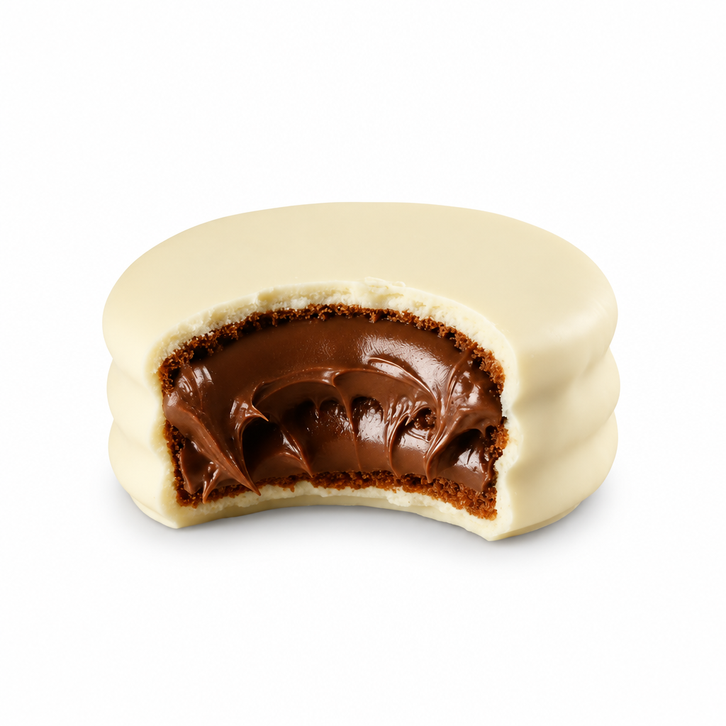 Alfajor Branco Avelã cortado com recheio cremoso e cobertura branca