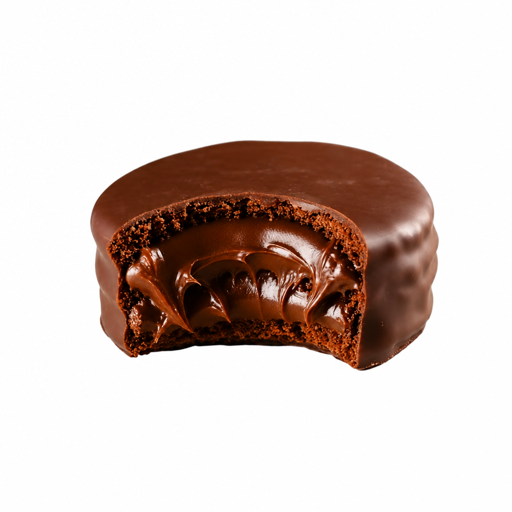 Alfajor de Chocolate cortado revelando recheio cremoso